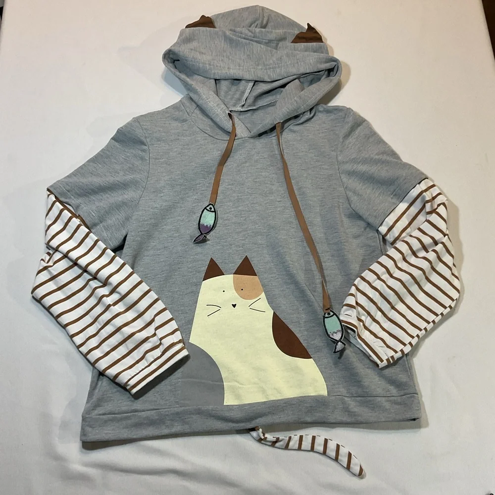 Earth Music‎ & Ecology Kawaii Cat Gray Light Weight Hoodie Detachable Tail